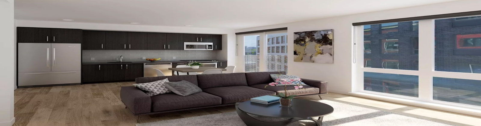 wood plank flooring, over sized windows, 10-14 foot ceilings, private balconies 