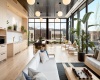 Floor to ceiling windows, wood plank style flooring 