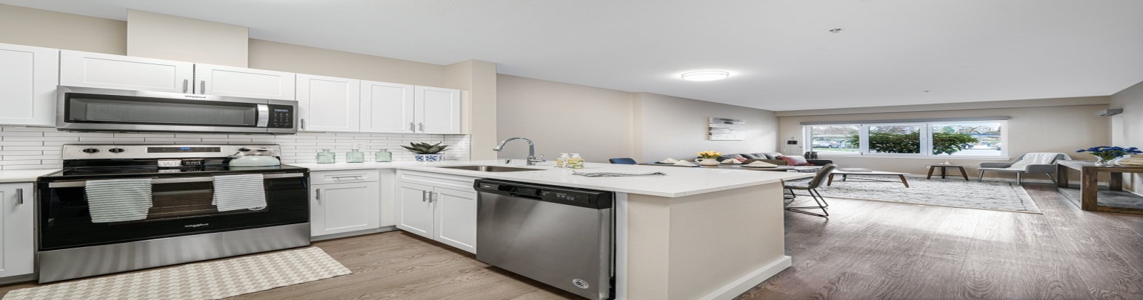 Quartz countertops, tile backsplashes