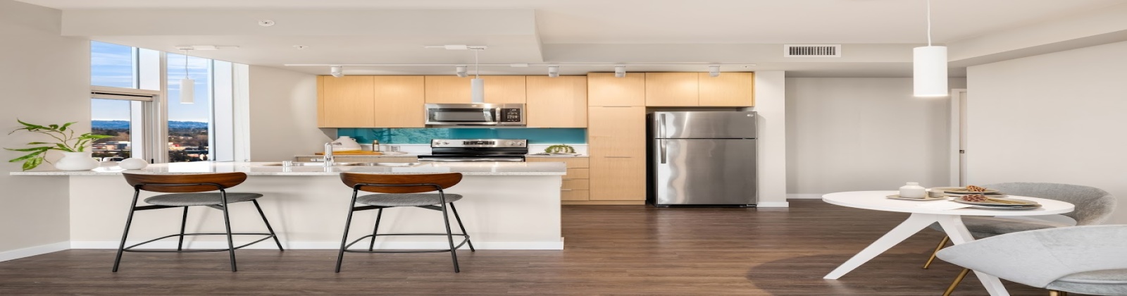 10-foot ceilings, island, soft close cabinets, stainless steel appliances, tile backsplash, under cabinet lightning, wood plank flooring 