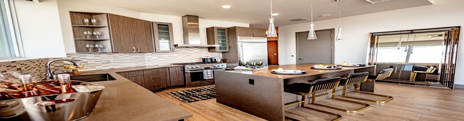 Vaulted ceilings, quartz countertops, island, energy star certified appliances, hardwood style plank flooring