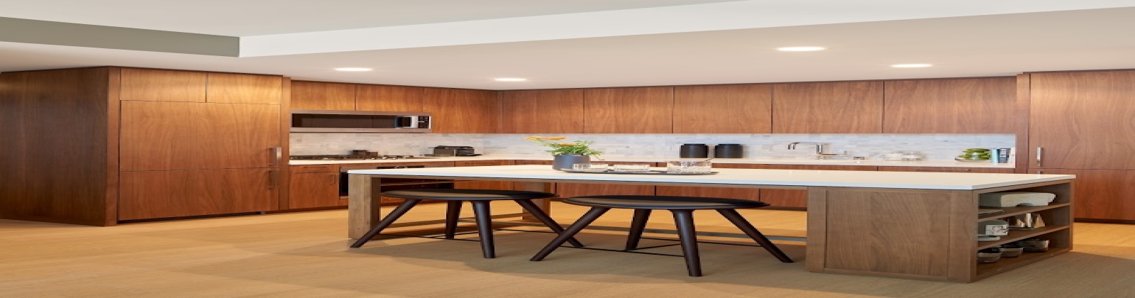 White quartz countertops with full height Carrara marble tile backsplash, walnut kitchen cabinetry, premium Bosch appliances with integrated paneling